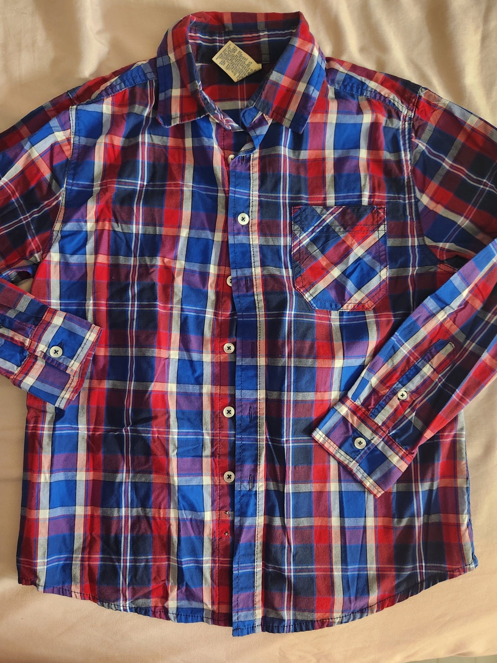 Boy's Faded Glory Red and Blue Plaid Button-Down Shirt